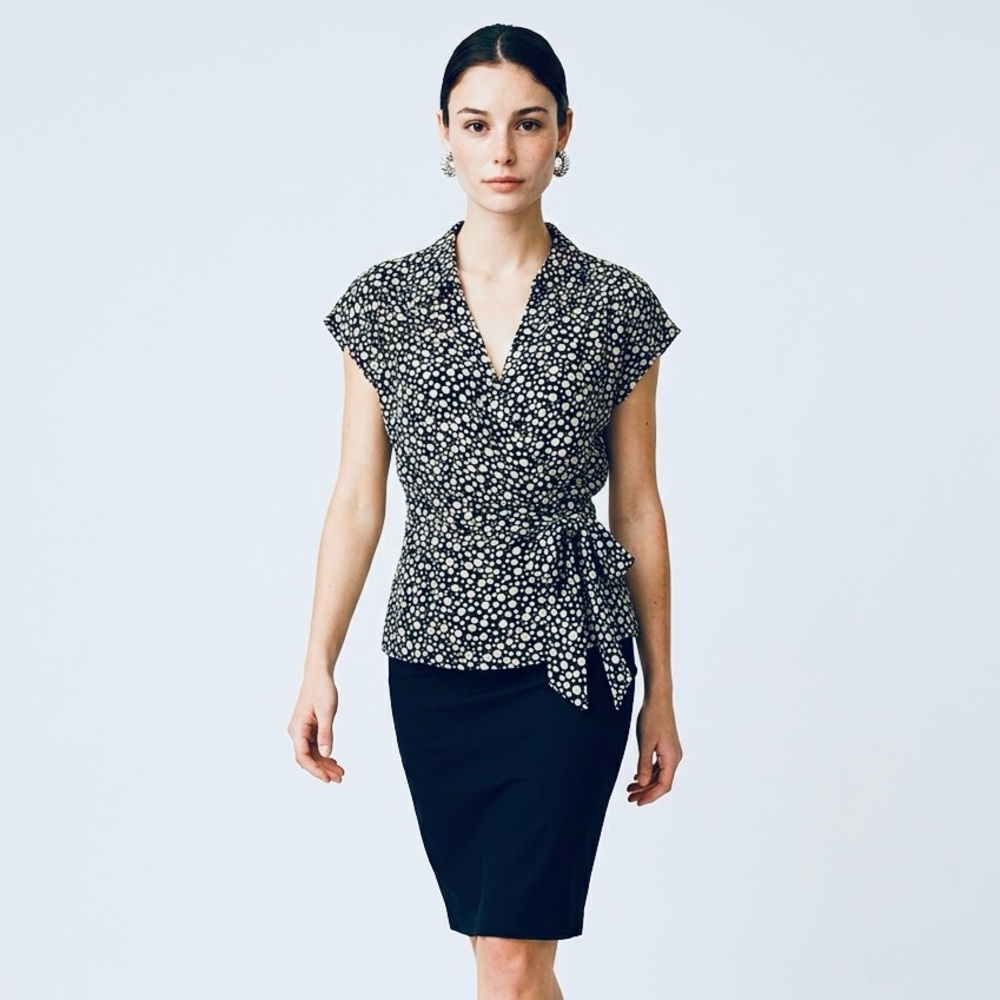 Doncaster SILK Wrap Top XS 2 Navy Blue White Polka Dot Belt Sash Career Stretch - Picture 1 of 6